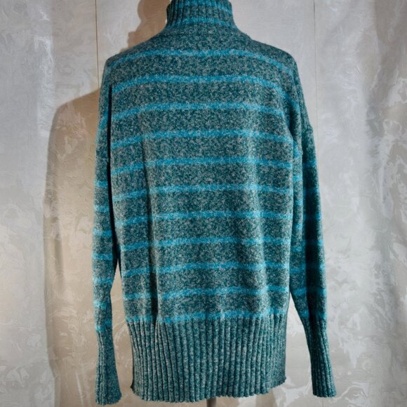 Eddie Bauer Vintage Teal & Gray Striped Turtleneck Sweater | Mohair Wool Blend - Picture 2 of 6